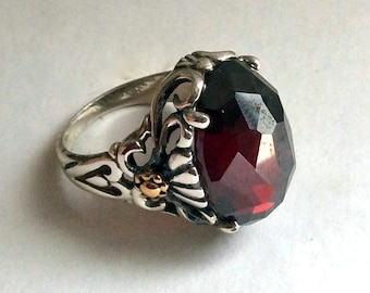 Granatring, boho statement-ring, silverguldring, ädelstensring, blommig ring, januari-födelsesten - Precious love R2215X