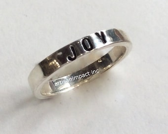 Sterling Silver band, promise band, joy ring, hand stamped band, stacking ring, hammered band, thin silver band - In the Heart R2145-2