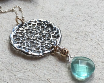 Silver gold pendant, round lace necklace, round pendant, apatite necklace, large pendant, bridal necklace, simple - Silver Lace N2035