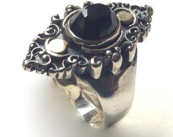 Onyx ring, silver ring, gemstone ring, black stone ring, birthstone ring, stone ring, ethnic Ring, twotone ring - Black sky R2245