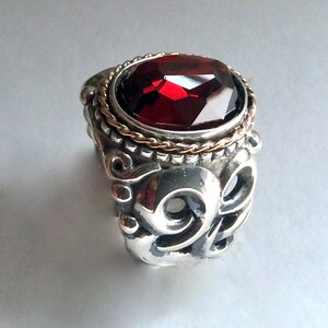 Garnet ring, ornate ring, Silver gold ring, bohemian ring, Red statement ring, unique engagement ring, two tone ring Red Light R2234 image 3