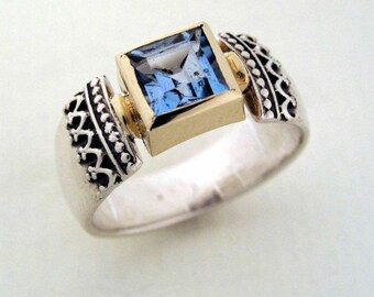 Sapphire ring, engagement ring, gold silver ring, two tone ring, gemstone ring, boho ring, gypsy ring, square stone ring - Triumph R0184