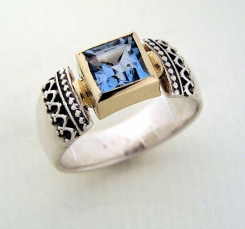 boho gypsy ring Triumph R0184 gold silver ring hippie ring Blue Sapphire ring two tone ring Square stone Silver engagement ring