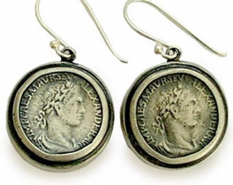 Coin earrings, Sterling silver earrings, round dangle earrings, oxidized silver earrings - Retrospect E7872
