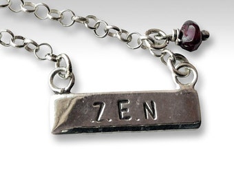 Yoga Necklace, charm pendant, amethyst necklace, silver  bar necklace, name necklace, Zen necklace, Hand stamped necklace - Relaxation N2014