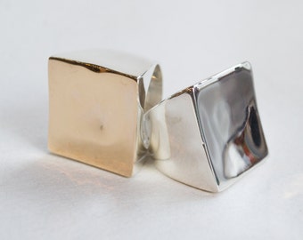 Square Twotone Ring, Geometric statement Ring, Chunky Ring, Boho large silver ring, Statement Ring, silver gold Ring - Geometric - R2263G