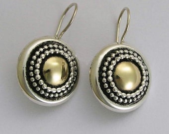 Silver gold earrings, two-tone earrings, round earrings, dangle earrings, sterling silver earrings, yellow gold earrings - Gold Heart. E0294