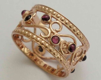 Solid rose gold wedding band,  multi stones ring, wide gold ring, Garnets ring, boho wedding band, gift for her - Shades of spring RG1267