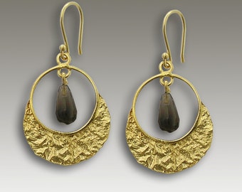 14K gold earrings, smoky quartz earrings, droplet gold earrings, smoky qz gemstone earrings, Gold chandelier earrings - Mystique Cafe EG2122