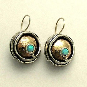 Blue opal earrings, bridal earrings, gemstone earrings, oxidized silver earrings, silver yellow gold earrings - A place under the sun E7897X