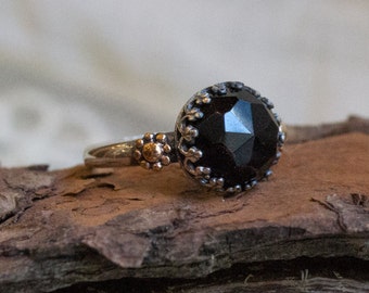 Onyx Ring, stone ring, silver gold ring, boho ring, black onyx ring, gypsy ring, princess ring, crown ring, flower - Lost in legend R2258