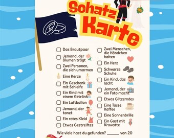 May include: A colorful wedding scavenger hunt game card with the German text "Schatz Karte" and illustrations of wedding-related items. The card includes a flag with wedding rings, a bride and groom, and a parrot. The text "Für Kinder" is at the top.