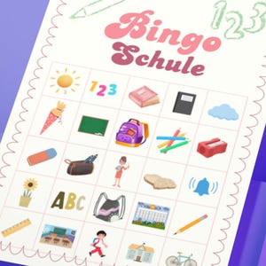 May include: A school-themed bingo card with a white background and a purple border. The card features various school-related illustrations, including a backpack, pencils, books, and the text "Bingo Schule" in pink and white. A green pencil and the numbers 123 are also visible.