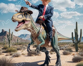 Donald Trump on a dinosaur in a suit shooting a gun win the west.