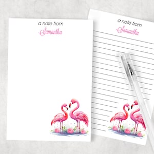 May include: Pink flamingo notepad with lined paper and the text "a note from Samantha" at the top.