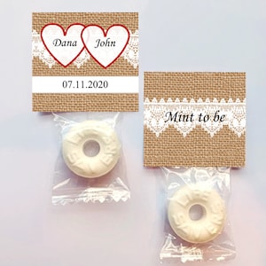 Wedding Mint Favors, Burlap and Lace, MINT TO BE, Two Hearts, Rustic Wedding, Bridal Shower or Anniversary