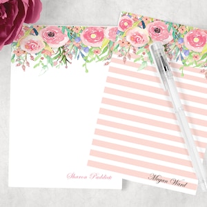 Personalized Notepad, Pink  Watercolor Floral, Floral Notepad, Personalized Stationery, Lined or Unlined, PDF File Available