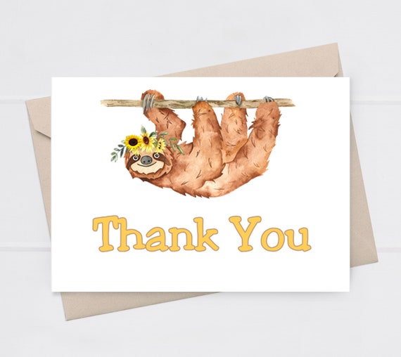 Thank You Card Baby Shower, YELLOW Watercolor SLOTH, Size A1, 10 PRINTED Cards Envelopes Included Il_570xn