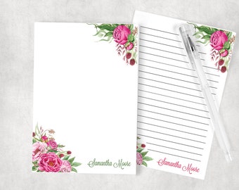 Personalized Notepad, Pink Peony Notepad Personalized, Greenery Floral Stationery, Personalized Gift for Her, Garden Peonies