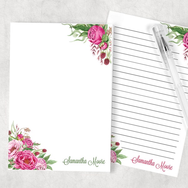 Personalized Notepad, Pink Peony Notepad Personalized, Greenery Floral Stationery, Personalized Gift for Her, Garden Peonies