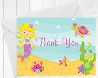 Baby Shower Thank You Card / Under the Sea / Mermaid / PRINTED / Set of 10