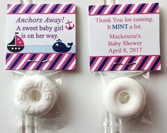 Baby Shower MINT Favors , Anchors Away, Lifesaver Candy, Pink Baby Girl, Nautical, Set of 50