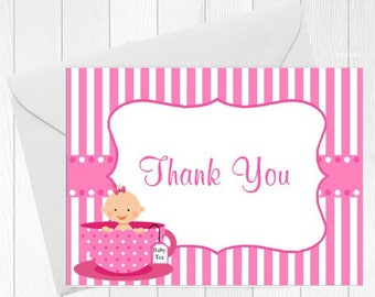 Baby Shower Thank You Card / PINK or BLUE / Baby in a Teacup / 10 PRINTED Cards/ Envelopes Included