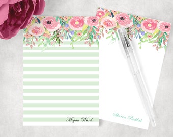 Personalized Notepad, MINT GREEN Watercolor Floral, Floral Notepad, Personalized Stationery, Lined or Unlined