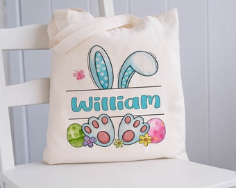 Personalized Kids Easter Tote, Easter Egg Hunt Bag, Personalized Name Easter Tote Bag, BLUE BOY Bunny Tote Bag, Printed one side or both