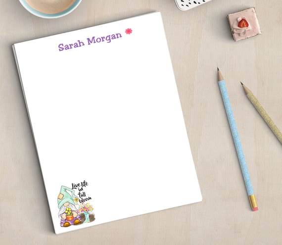 Personalized Notepad, Gnome, Teachers Appreciation, Housewarming Gift, LIVE LIFE in full bloom, Writing Pad, To Do List Il_570xn