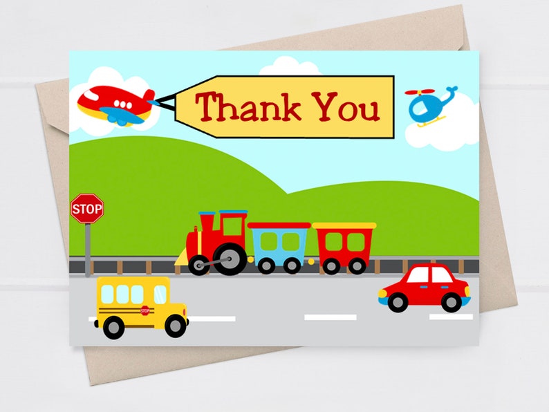 Thank You Card Birthday, Transportation Birthday, PRINTED with Envelopes included image 1