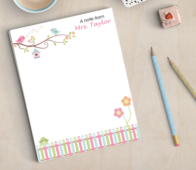 Personalized Notepad, Teachers Appreciation, Housewarming Gift, Spring Birds and Flowers, Writing Pad, To Do List image 2