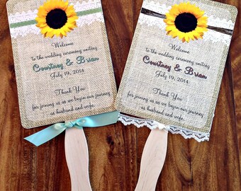 Wedding Fan Burlap, Lace , Sunflower Printed Wedding Fan / Fall Rustic