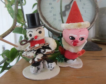 Vintage Spun Cotton Christmas Figurines Pinecone Snowman Lot of 2