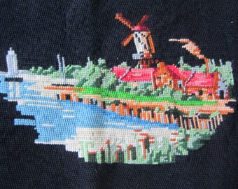 Vintage Needlepoint Country Windmill Scene for Upcycling or Pillow Cover