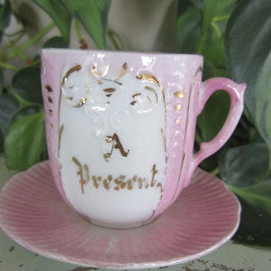 Antique Pink & Gold Lusterware Cup and Saucer with Wording