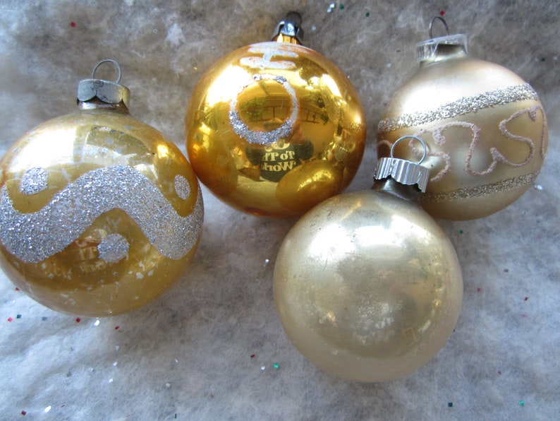 Vintage Gold with Silver Glittered Ornaments Set of 4