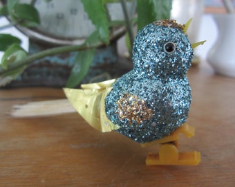 Vintage Blue Glittered Bird Ornament Clip On Style