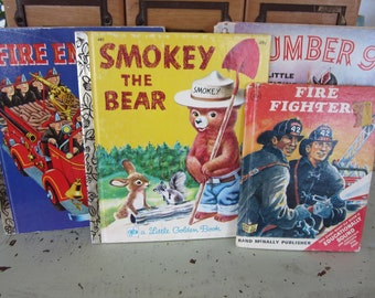 Vintage Lot of 4 Books Fire Trucks and Smokey The Bear Little Golden Books