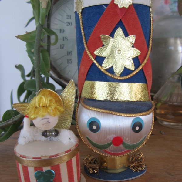 Vintage Drummer Christmas Ornaments Lot of 2 Spun Cotton Head and Flocked