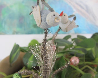 Vintage Spun Cotton Blue Birds Clip On Ornament with Mercury Glass Beads