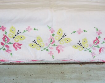 Vintage Embroidered Pillowcase Flowers & Butterflies