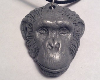 Loulis Chimpanzee Pendant Necklace  Light cold cast pewter