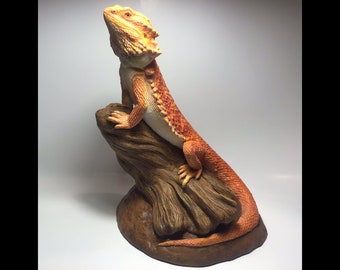 Bearded Dragon Sculpture "Watching Over"  Large realistic red orange version