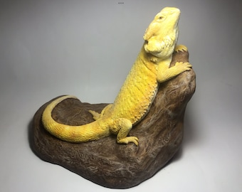 Bearded Dragon Sculpture on Rock base life size female yellow realistic painted version