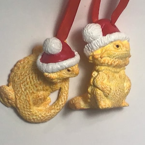Bearded Dragon Christmas ornament set of two Santa cute yellow finish