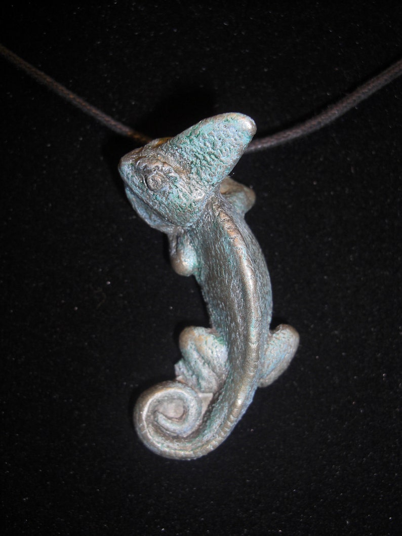 Veiled Chameleon Pendant necklace cold cast pewter with patina image 1