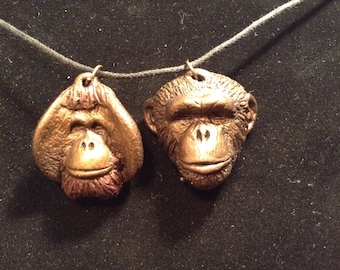 Linus and Knuckles pendant set Chimpanzee orangutan pendant necklace set bronze finish