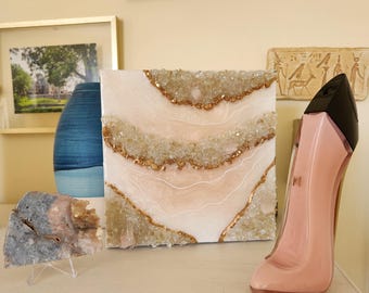 8x8 | Blush Pink | Resin Geode Wall Art | Genuine Rose Quartz
