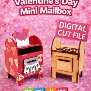 May include: Two miniature Valentine's Day mailboxes. One is red with heart patterns and a heart-shaped arrangement on top. The other is a natural wood colour with a sign that says "DIGITAL CUT FILE". The image also includes file type icons.